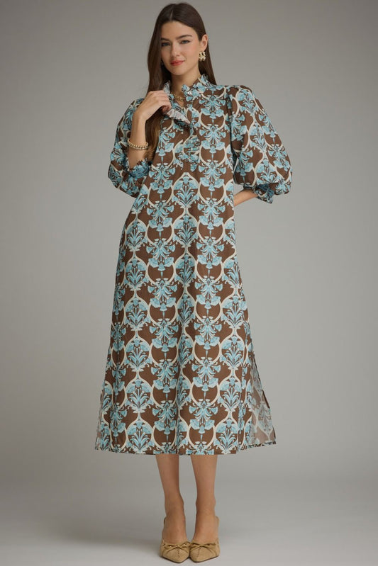 Printed Balloon Sleeve Midi D34099