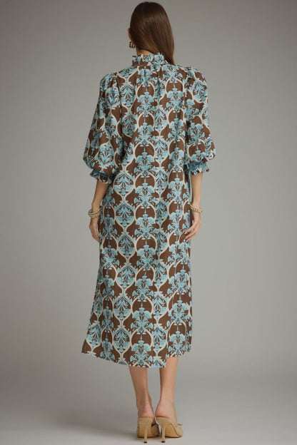 Printed Balloon Sleeve Midi D34099