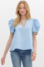 Pleated Pullover Top with Leopard Trim