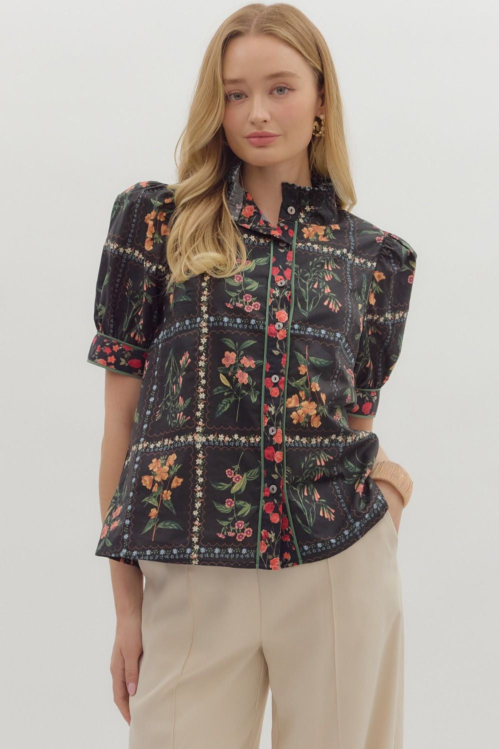 Floral Print Ruffle Neck Top 27053