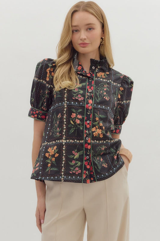 Floral Print Ruffle Neck Top 27053