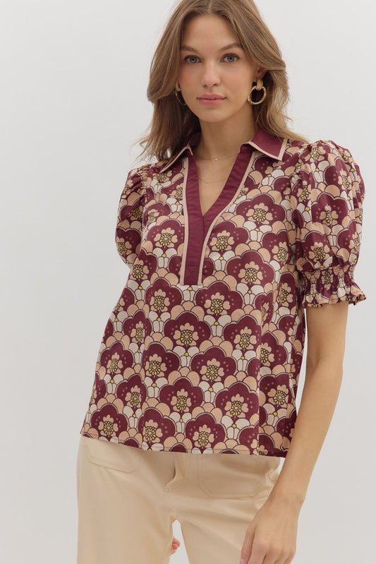 Abstract Floral Pattern Smocked Top 27615