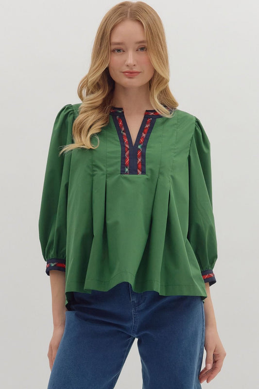 3/4 Sleeve Top w/ Plaid Trim 279683