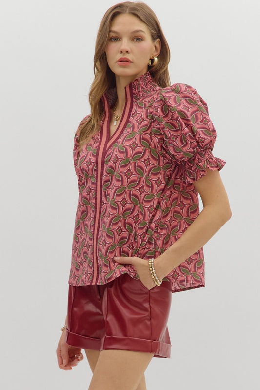Abstract Smocked Cuff Band Top 27955