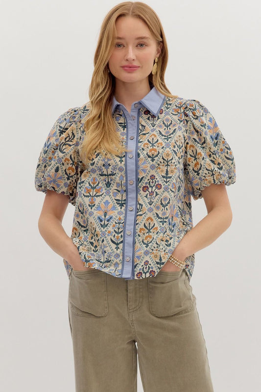 Floral Diamond Print Bubble Sleeve Top 28039