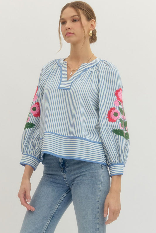 Puff Sleeve Top w/ Embroidered Sleeves T28835