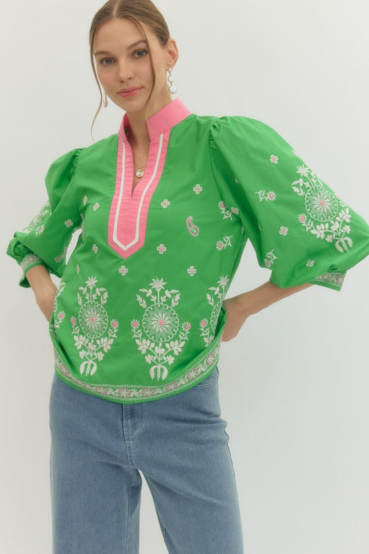 Embroidered Puff Sleeve Top T28895