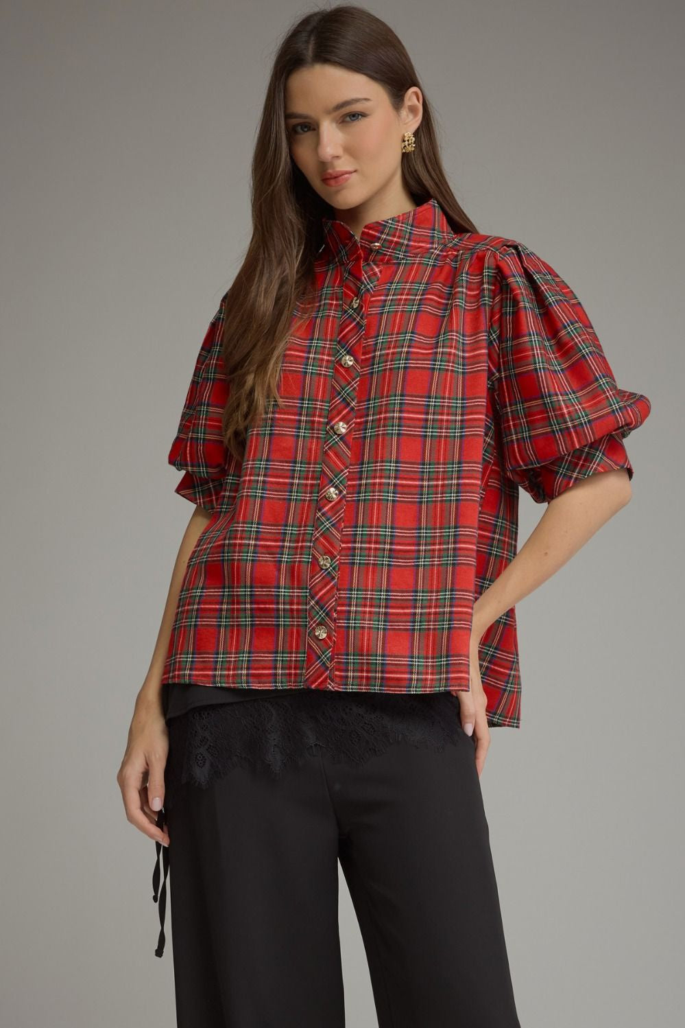 Plaid Puff Sleeve Top 2 T33969