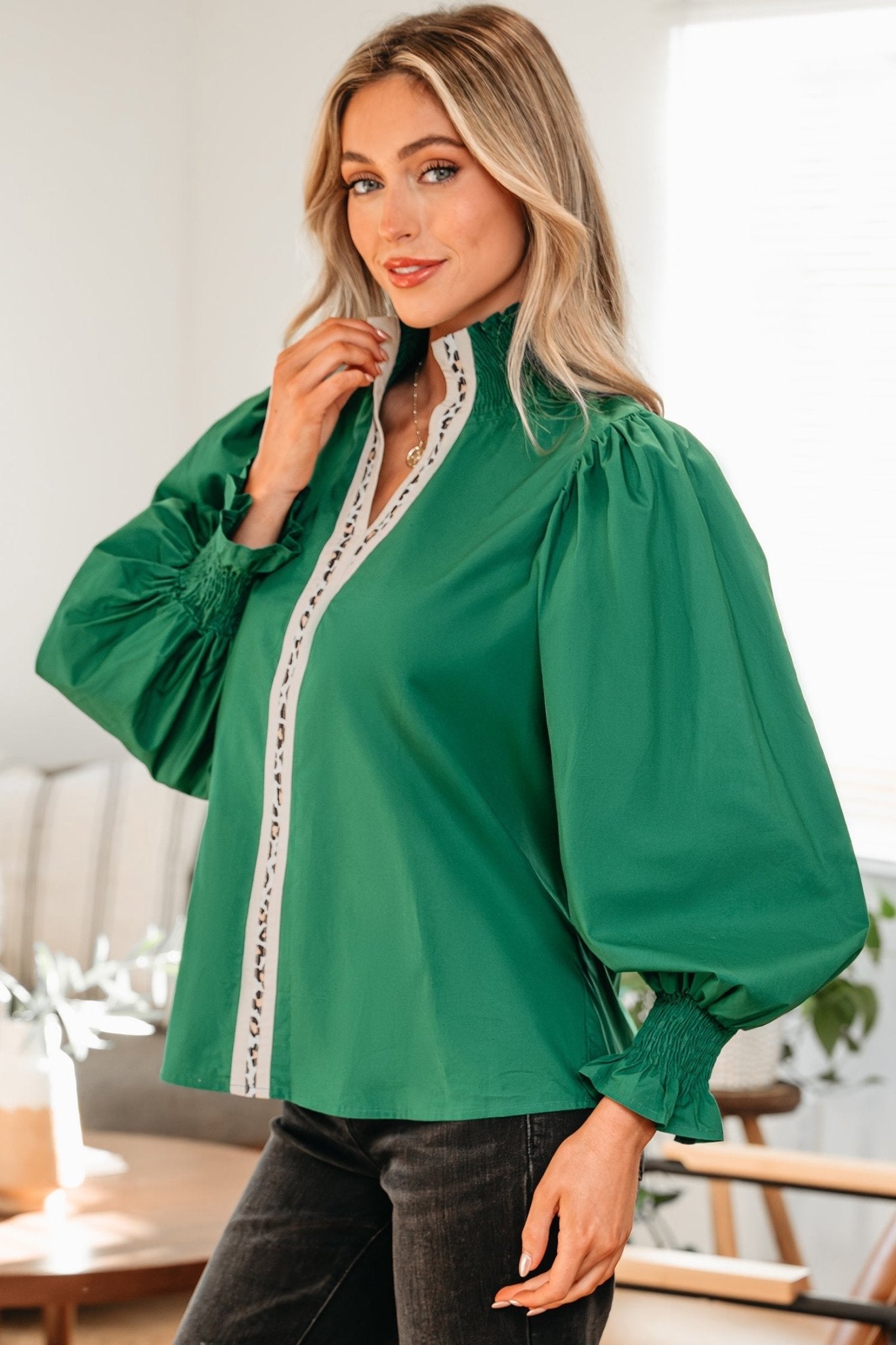 Everly Flounce Sleeve Trim Blouse - Hello Beautiful BoutiqueBlouses & ShirtsThreaded Pear