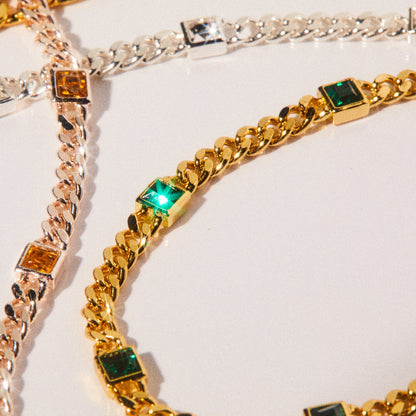 May Birthstone Emerald Curb Chain Bracelet