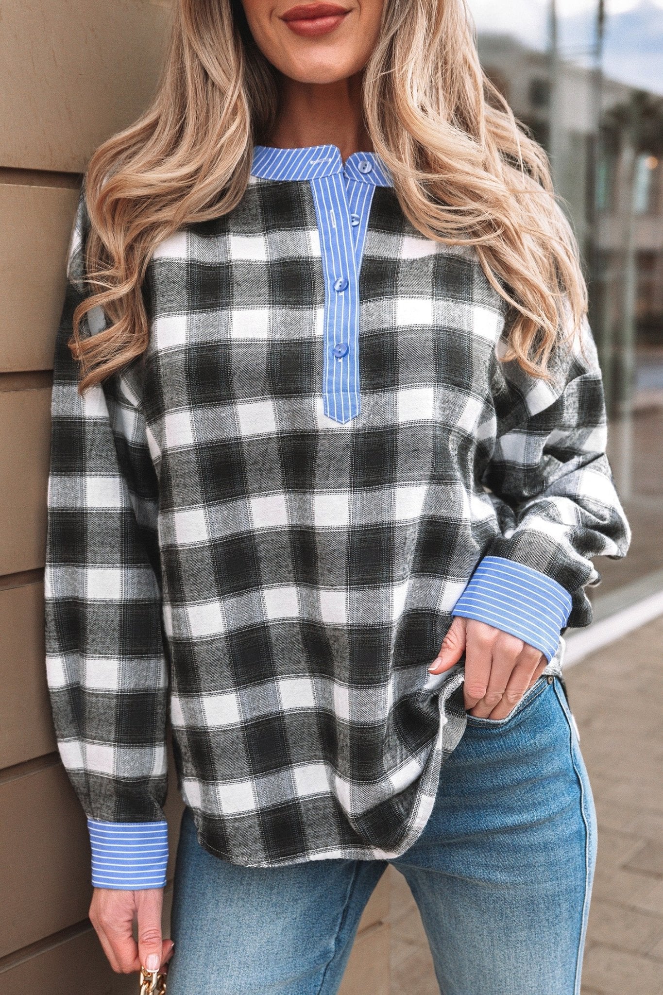 Ezra Half Placket Plaid Blouse - Hello Beautiful BoutiqueBlouses & ShirtsThreaded Pear