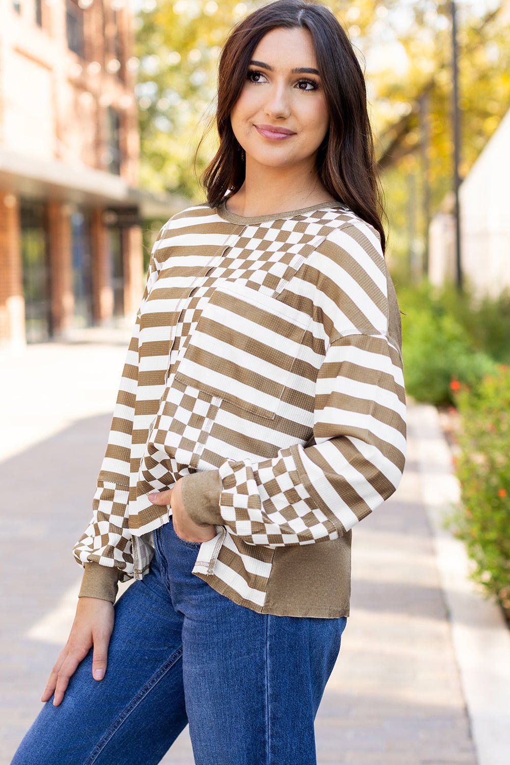 Fatima Patchwork Lantern Sleeve Blouse - Hello Beautiful BoutiqueLong Sleeve TopsThreaded Pear