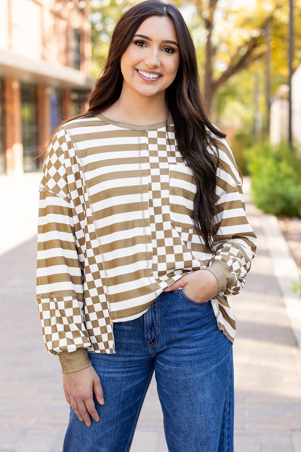 Fatima Patchwork Lantern Sleeve Blouse - Hello Beautiful BoutiqueLong Sleeve TopsThreaded Pear