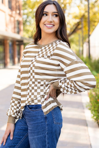 Fatima Patchwork Lantern Sleeve Blouse - Hello Beautiful BoutiqueLong Sleeve TopsThreaded Pear