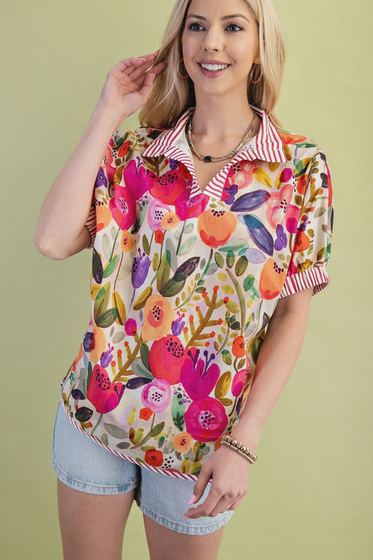 Floral Blouse with Contrast Stripe Trim TE1268 - Hello Beautiful BoutiqueTopGigio