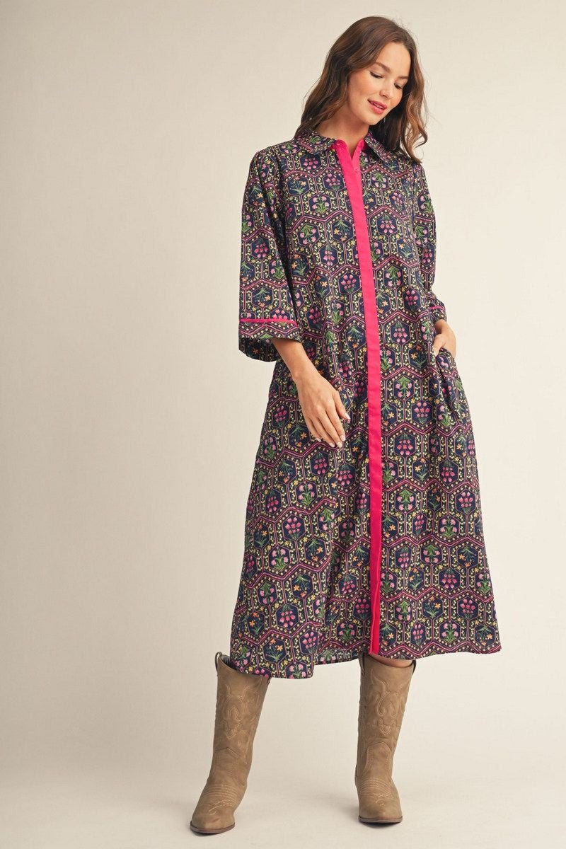 Floral Button-Down Midi Dress with Contrast Detail H51223 - Hello Beautiful BoutiqueJodifl