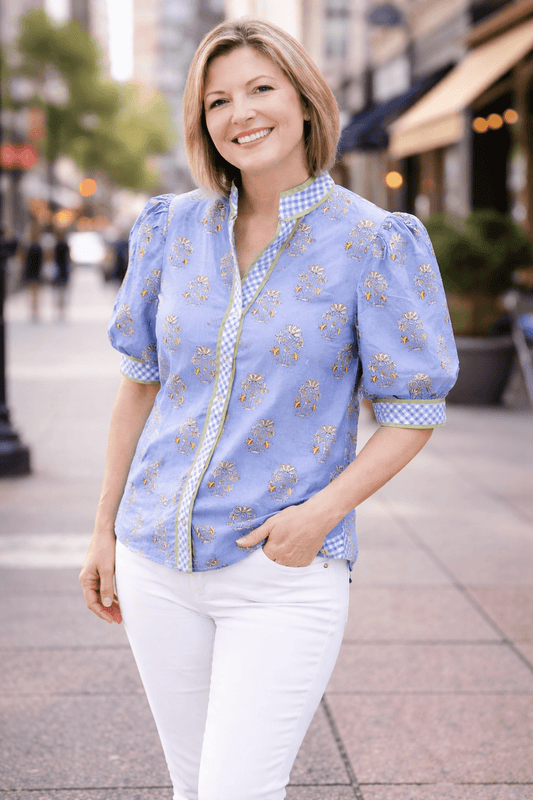 Floral Button up with Gingham Trim T29707 - Hello Beautiful BoutiqueTopEntro