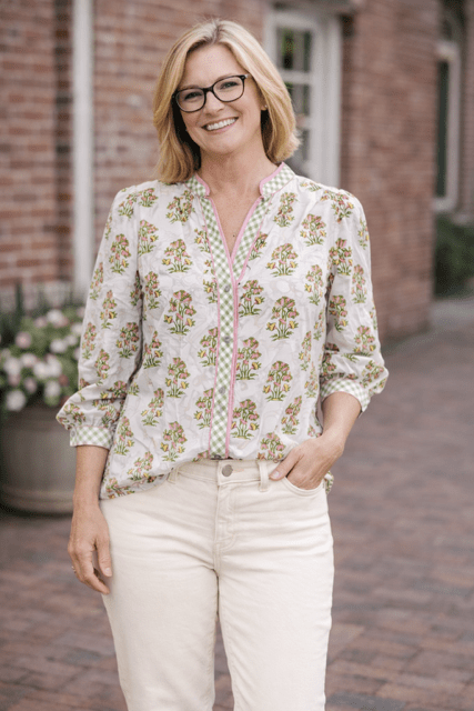 Floral Button up with Gingham Trim T29707 - Hello Beautiful BoutiqueTopEntro
