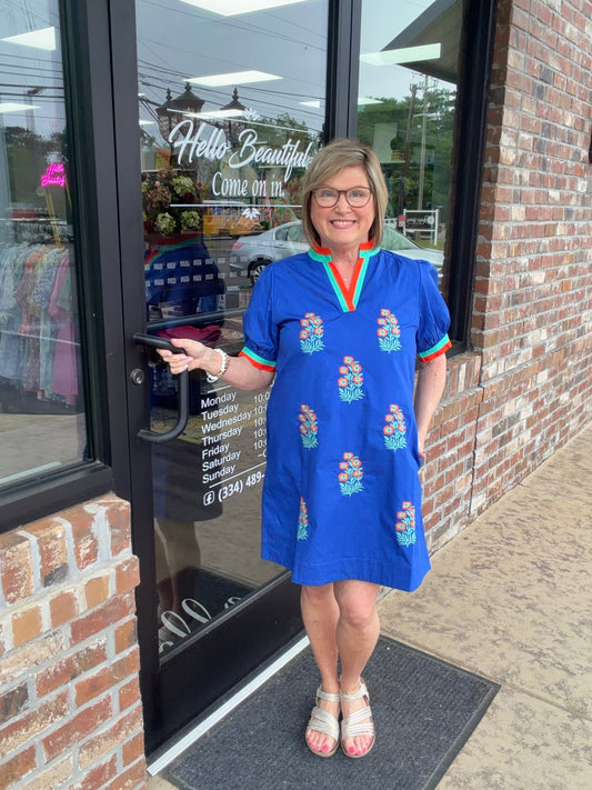 Floral Embroidered Cotton Shift Dress with Pockets - Royal Blue - Hello Beautiful BoutiqueDressJodifl