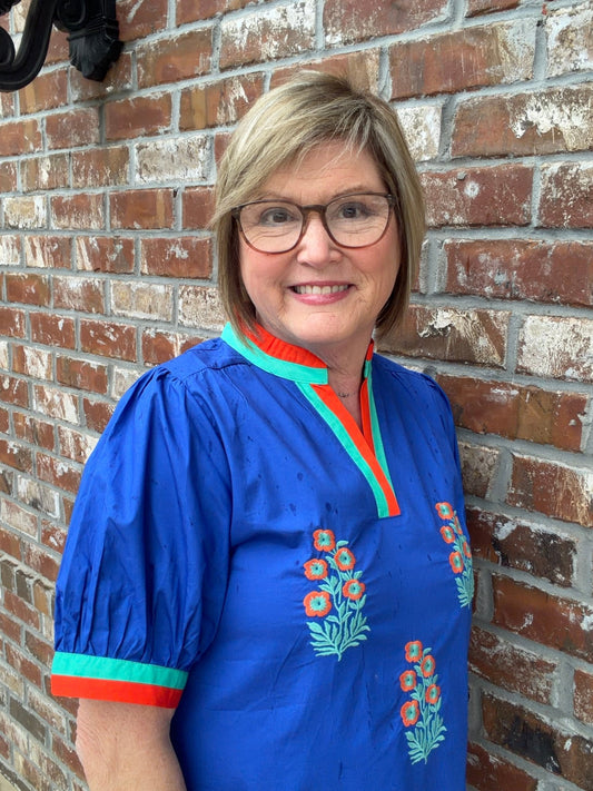 Floral Embroidered Cotton Shift Dress with Pockets - Royal Blue - Hello Beautiful BoutiqueDressJodifl