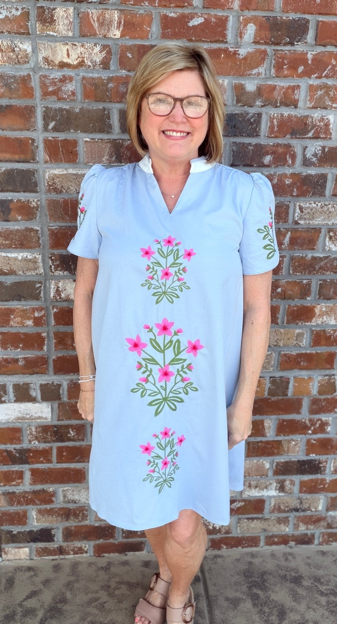 Floral Embroidered V - Neck Dress with Contrasting Stripe Details - Hello Beautiful BoutiqueDressGigio
