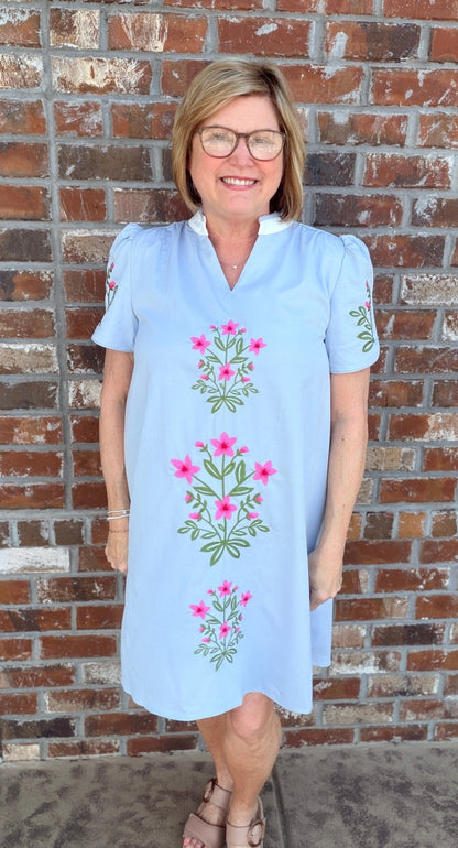 Floral Embroidered V - Neck Dress with Contrasting Stripe Details - Hello Beautiful BoutiqueDressGigio