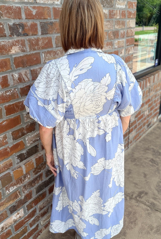 Floral Print Short Puff Sleeve Midi Dress with a Smocked Front Yoke and Striped Binding Details - Hello Beautiful BoutiqueDressGigio