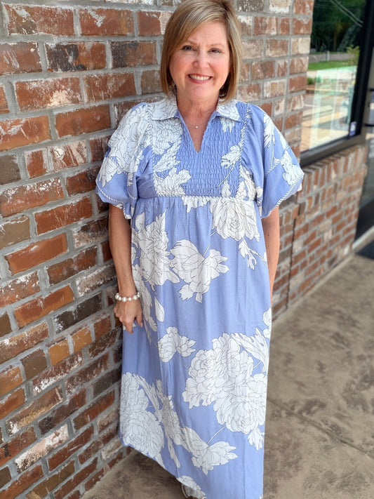 Floral Print Short Puff Sleeve Midi Dress with a Smocked Front Yoke and Striped Binding Details - Hello Beautiful BoutiqueDressGigio