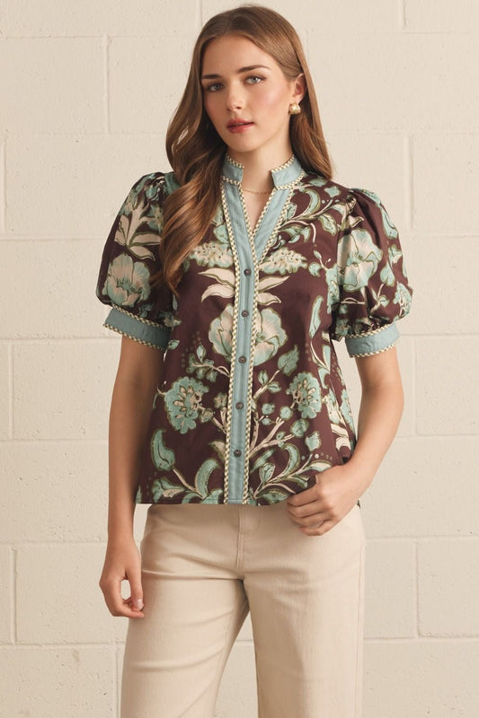 Floral Puff Sleeve with Gingham Trim T32339 - Hello Beautiful BoutiqueTopEntro