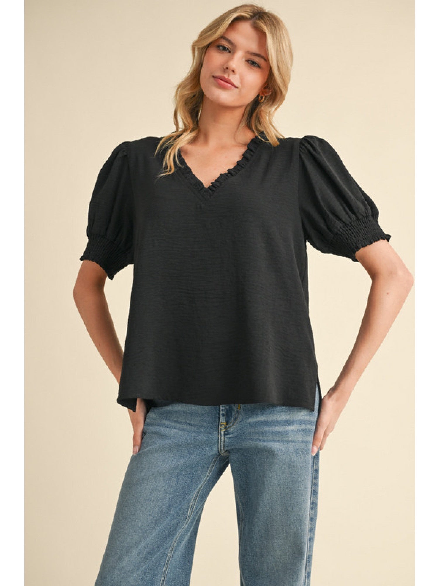 Frilled V Neck Top G13130 - Hello Beautiful BoutiqueTopJodifl