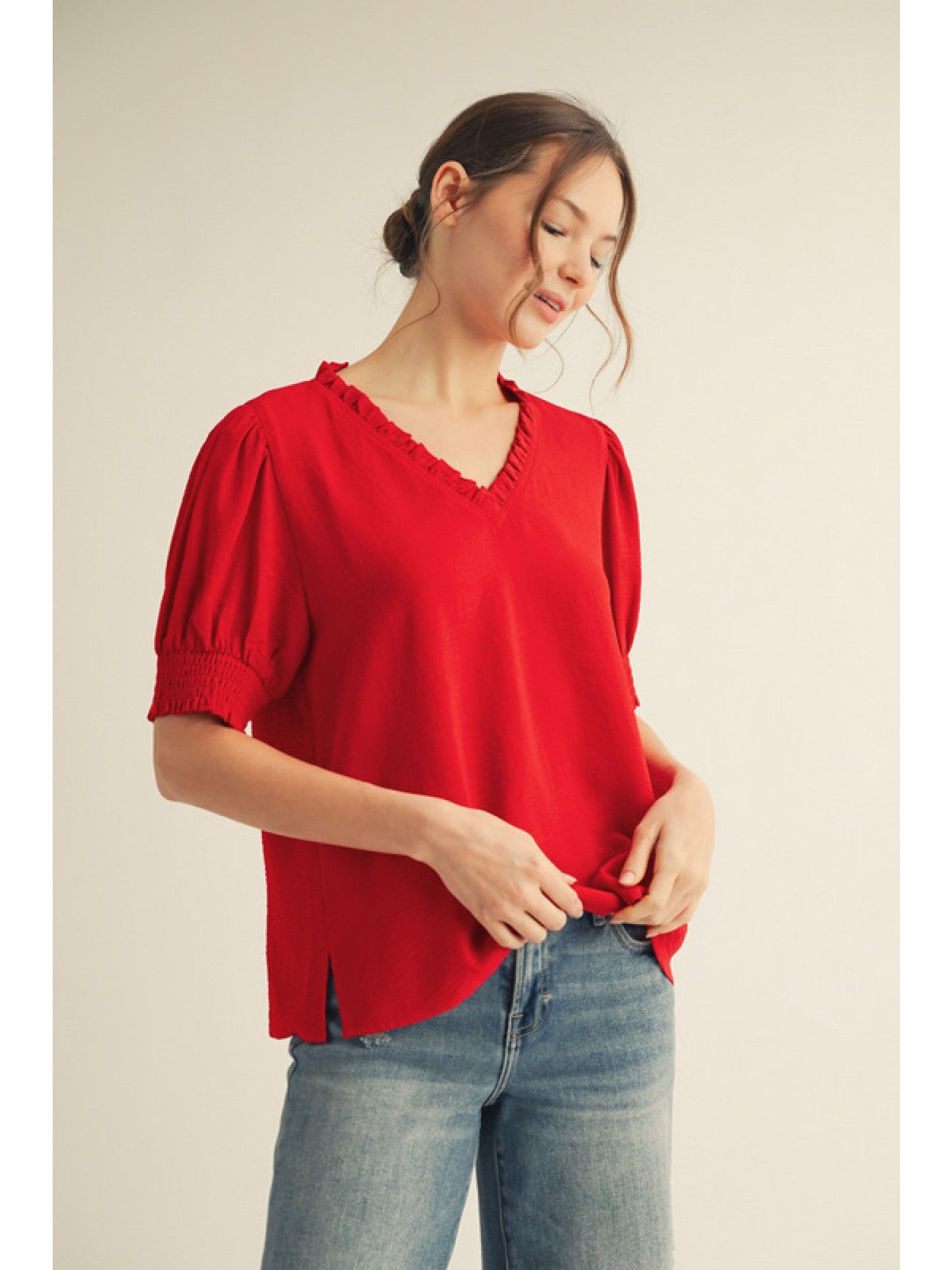Frilled V Neck Top G13130 - Hello Beautiful BoutiqueTopJodifl