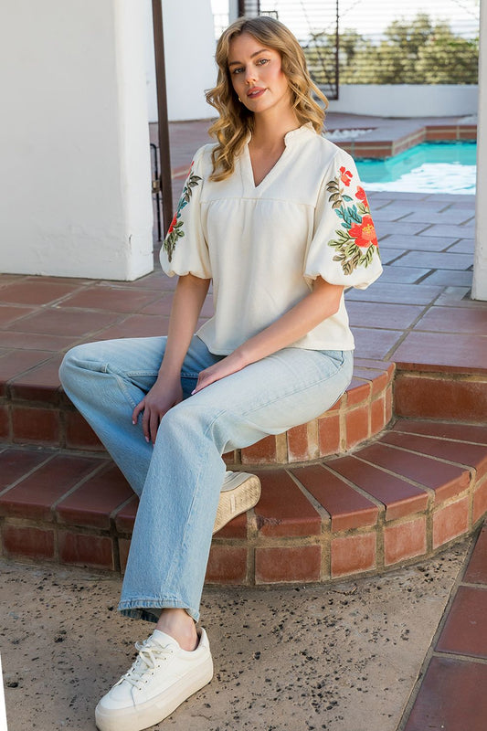 Embroidered Puff Sleeve Top FTM2809