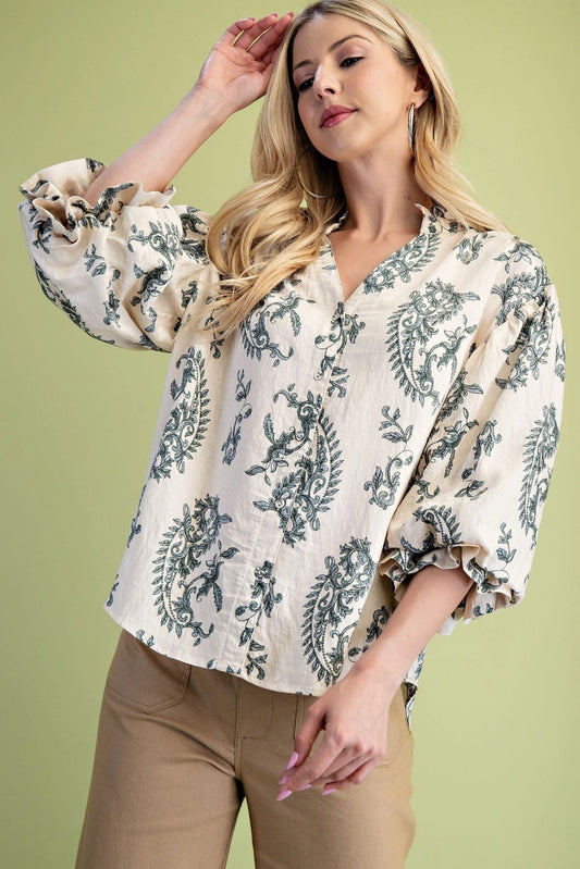 Gigio Button Down Blouse with 3/4 Length Balloon Sleeves - Hello Beautiful BoutiqueTopGigio