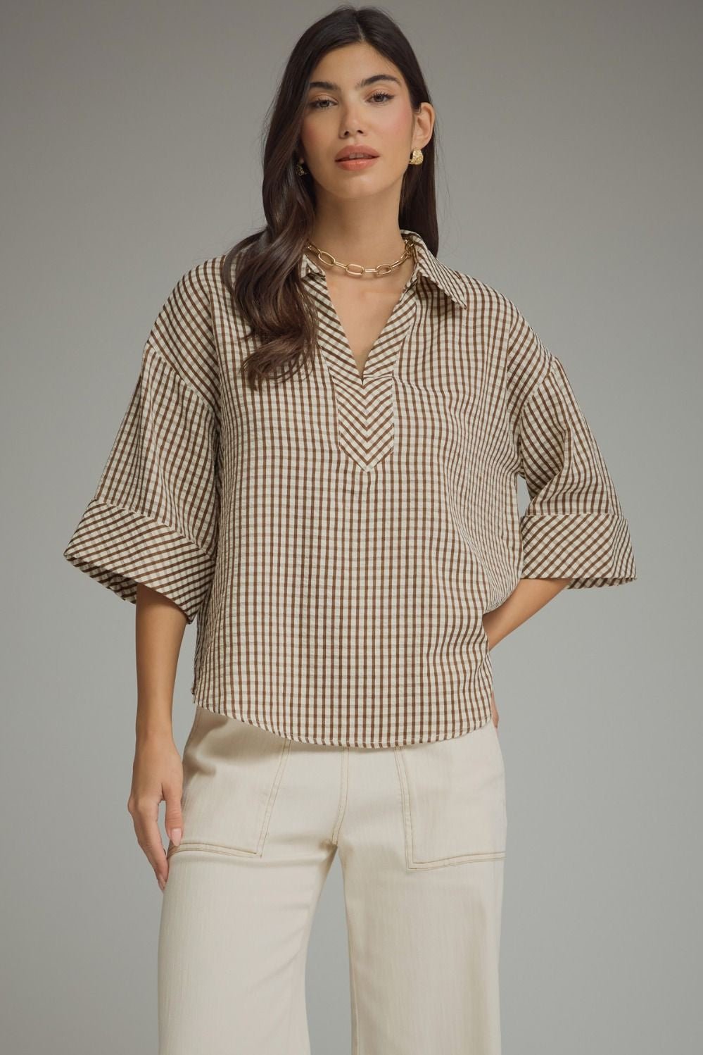 Gingham 3/4 Sleeve Top T31071 - Hello Beautiful BoutiqueTopEntro