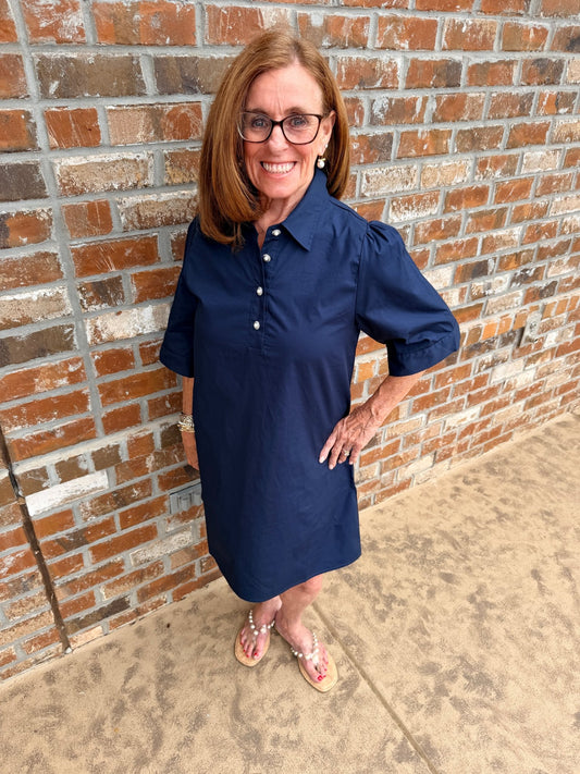 Half Sleeve Solid Shift Dress with Pearl Button Accent G15661 - Hello Beautiful BoutiqueDressJodifl