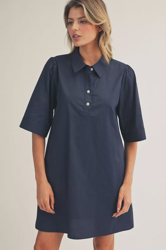 Half Sleeve Solid Shift Dress with Pearl Button Accent G15661 - Hello Beautiful BoutiqueDressJodifl