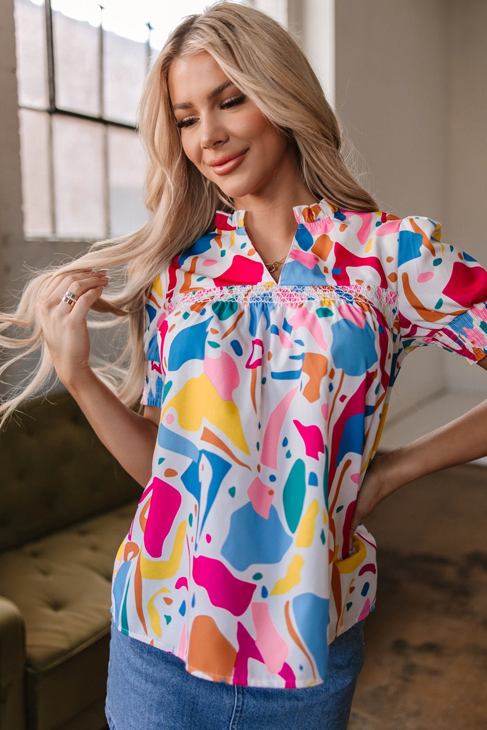 Harper Shirred Short Sleeve Blouse - Hello Beautiful BoutiqueBlouses & ShirtsThreaded Pear