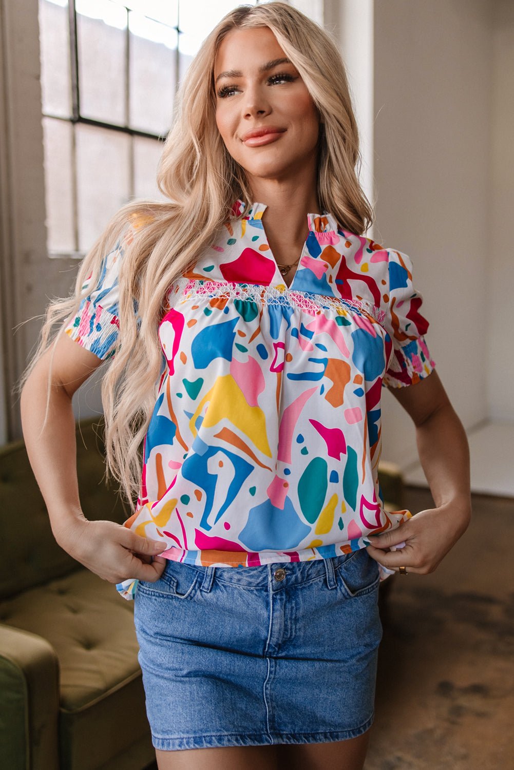 Harper Shirred Short Sleeve Blouse - Hello Beautiful BoutiqueBlouses & ShirtsThreaded Pear