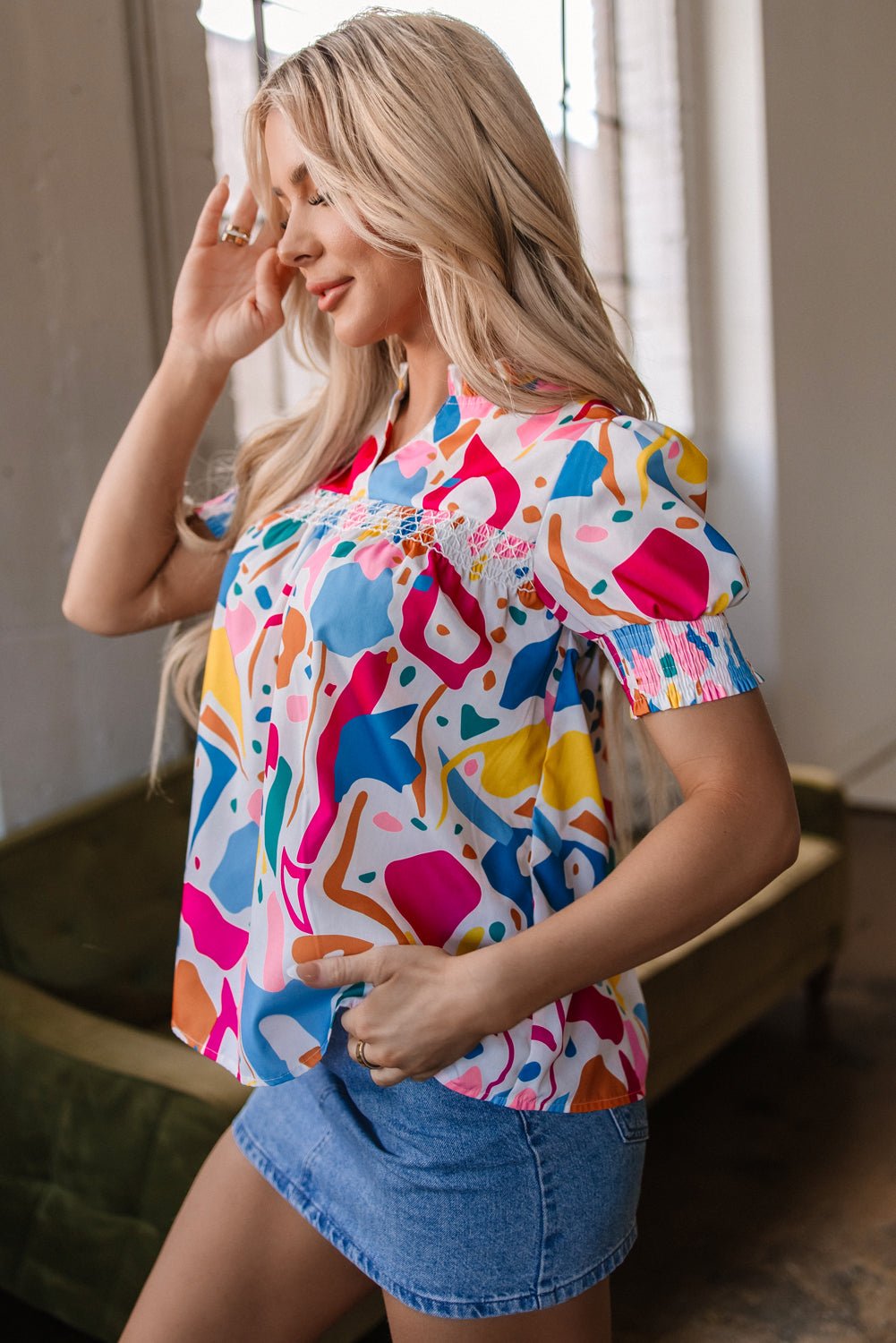 Harper Shirred Short Sleeve Blouse - Hello Beautiful BoutiqueBlouses & ShirtsThreaded Pear