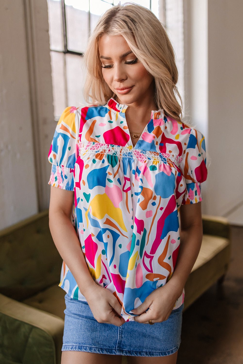 Harper Shirred Short Sleeve Blouse - Hello Beautiful BoutiqueBlouses & ShirtsThreaded Pear