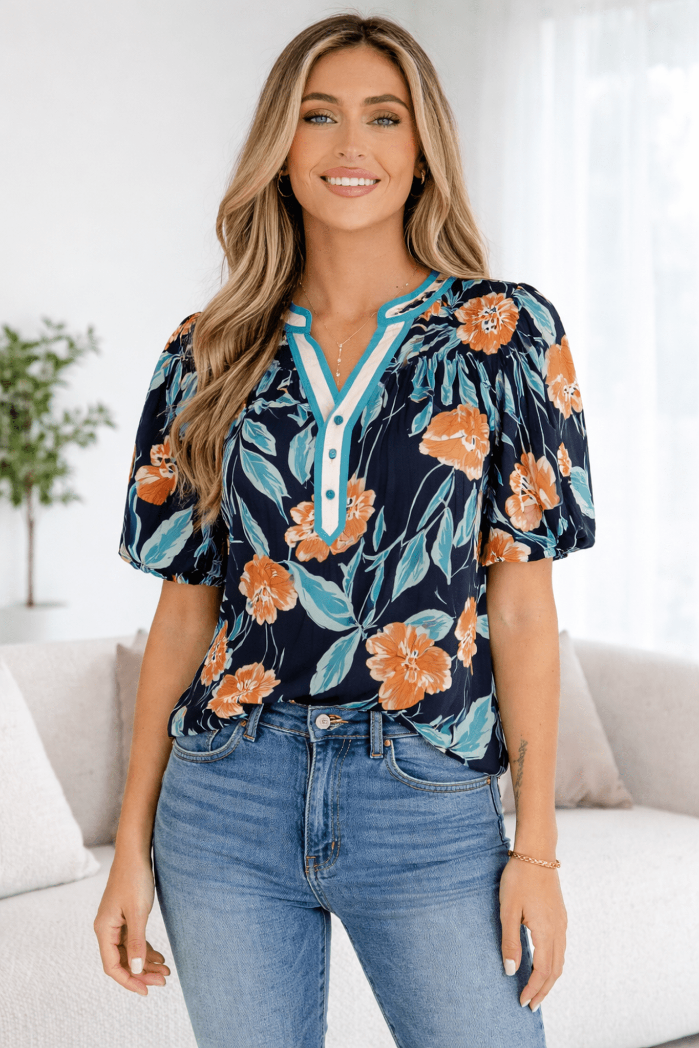 Ila Bubble Sleeve Notched Blouse - Hello Beautiful BoutiqueBlouses & ShirtsThreaded Pear