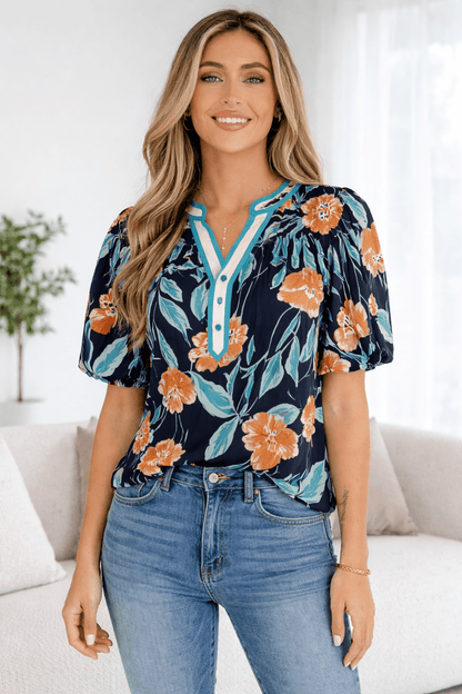 Ila Bubble Sleeve Notched Blouse - Hello Beautiful BoutiqueBlouses & ShirtsThreaded Pear