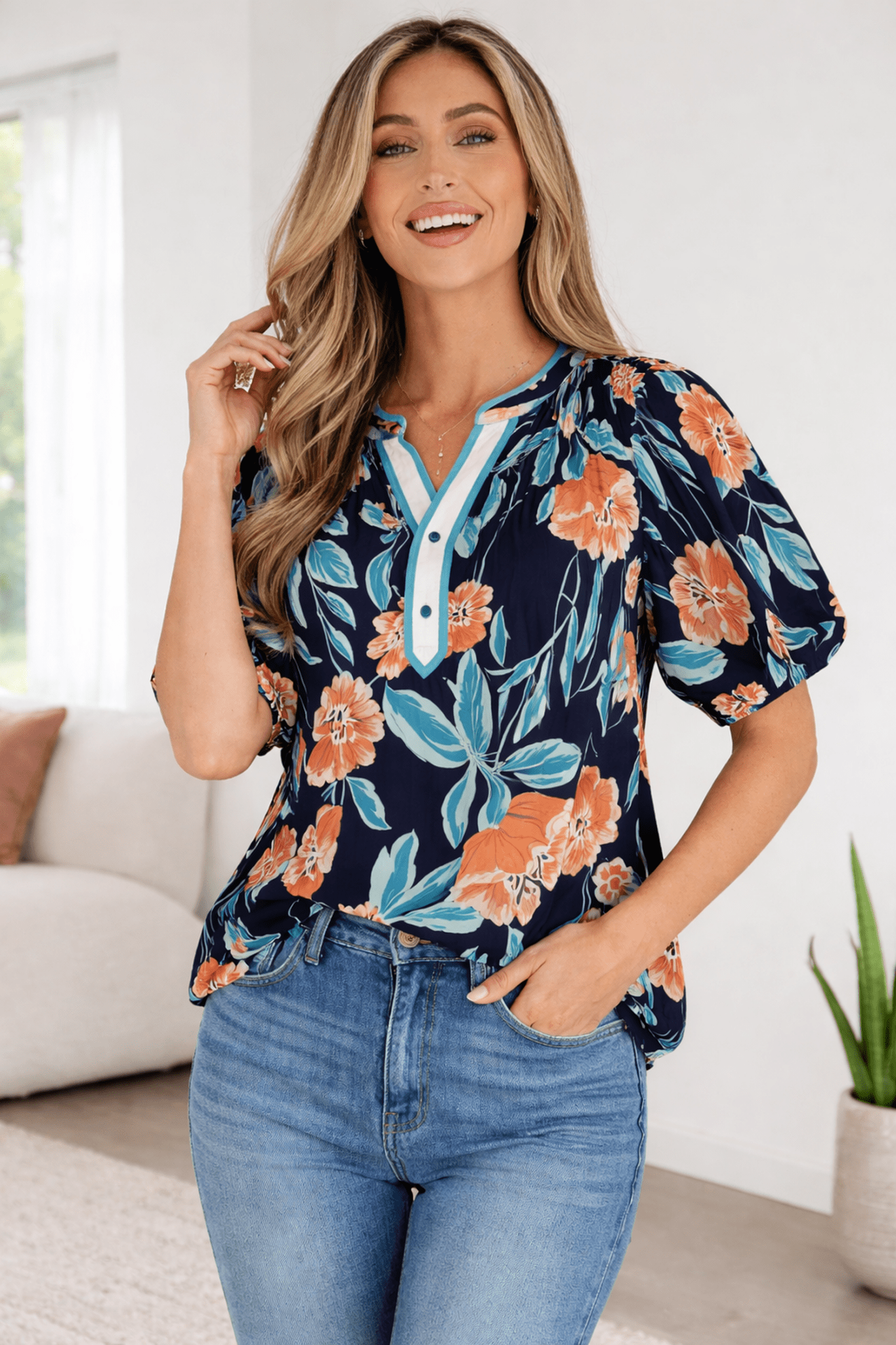 Ila Bubble Sleeve Notched Blouse - Hello Beautiful BoutiqueBlouses & ShirtsThreaded Pear