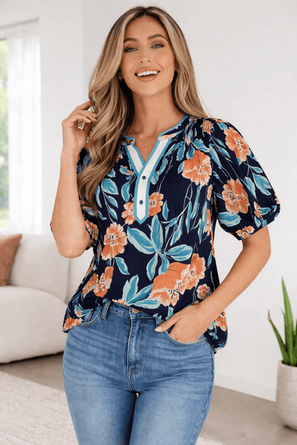 Ila Bubble Sleeve Notched Blouse - Hello Beautiful BoutiqueBlouses & ShirtsThreaded Pear