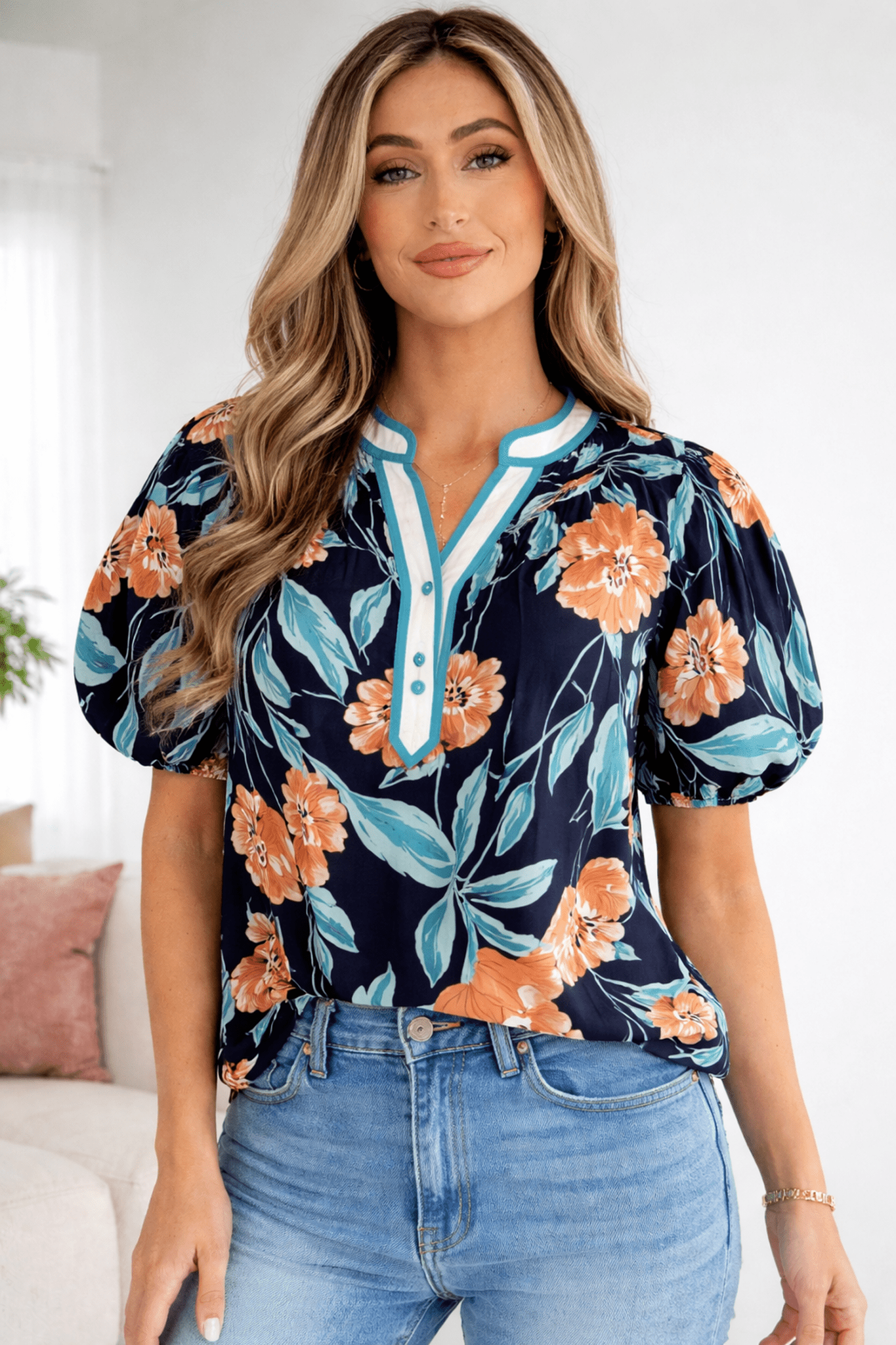 Ila Bubble Sleeve Notched Blouse - Hello Beautiful BoutiqueBlouses & ShirtsThreaded Pear