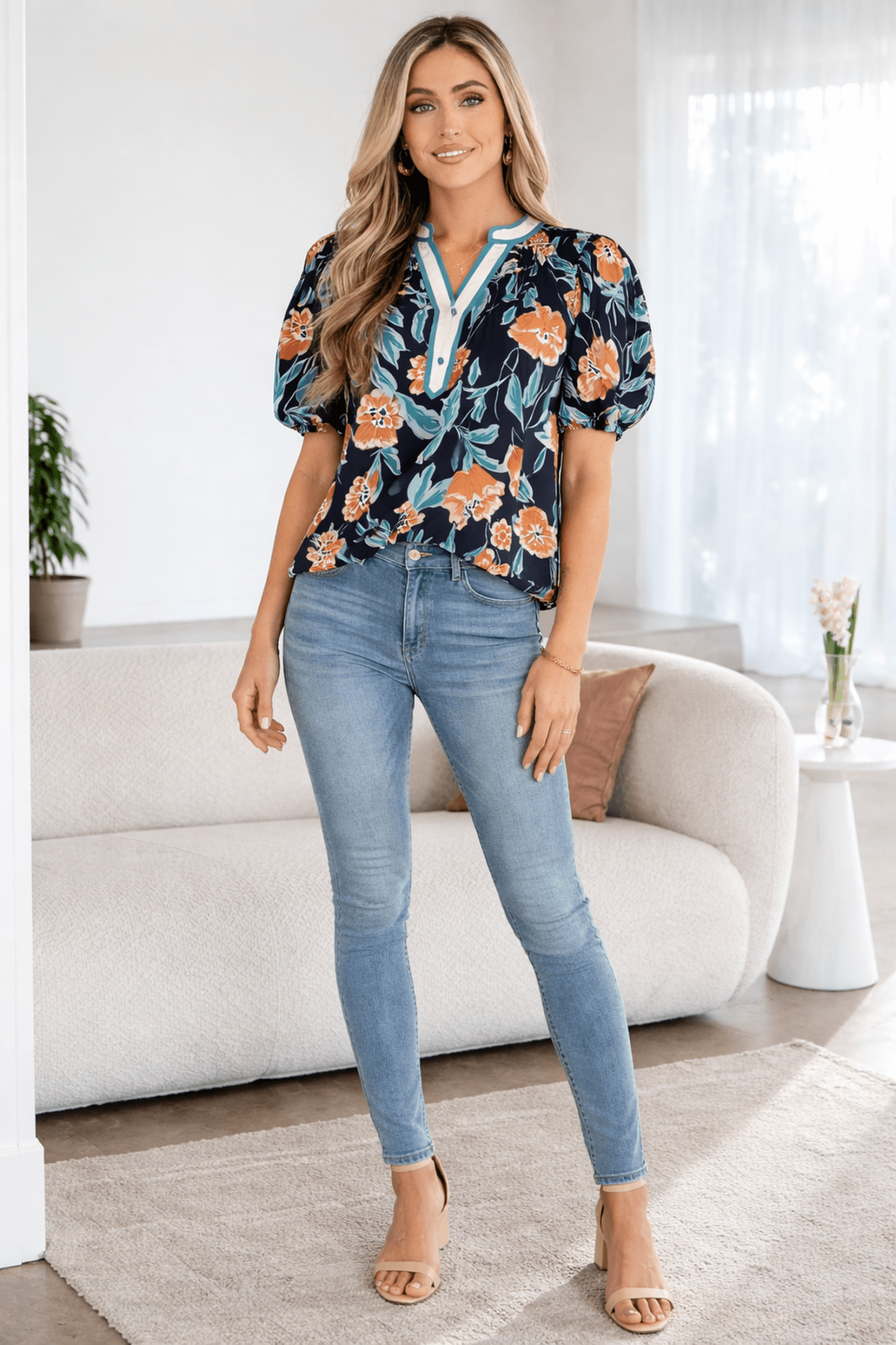 Ila Bubble Sleeve Notched Blouse - Hello Beautiful BoutiqueBlouses & ShirtsThreaded Pear