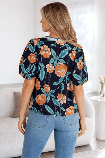 Ila Bubble Sleeve Notched Blouse - Hello Beautiful BoutiqueBlouses & ShirtsThreaded Pear