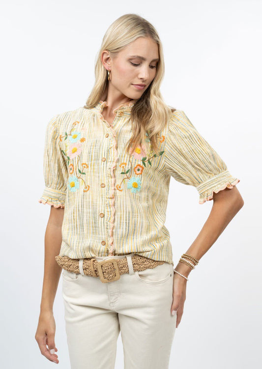 Ivy Jane Ribbon Embroidered Striped Cotton Blouse - Hello Beautiful BoutiqueTopIvy Jane