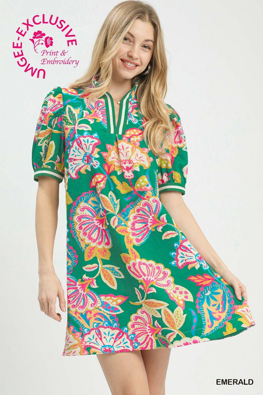 Jacquard Paisley Print Puff Sleeve Tunic Dress K1826 - Hello Beautiful BoutiqueDressUmgee