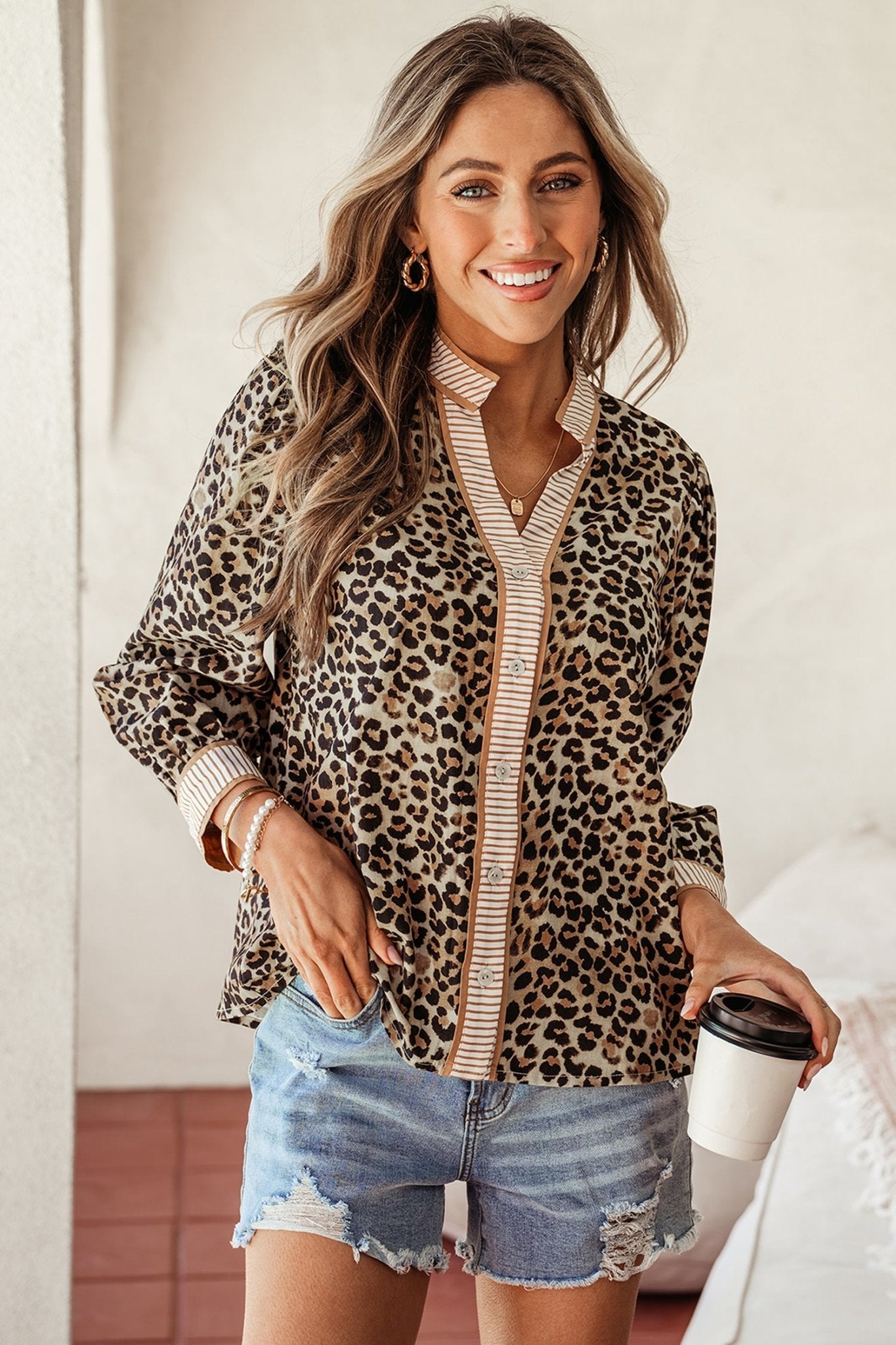 Jordyn Contrast Striped Trim Shirt - Hello Beautiful BoutiqueBlouses & ShirtsThreaded Pear
